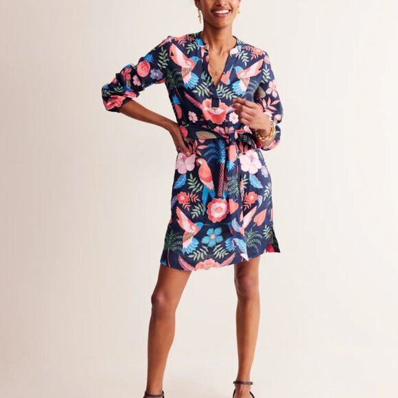 Boden Cleo Floral Print Long Sleeve Linen Dress In Multi Tropic Parrot Size 14L - Picture 1 of 7
